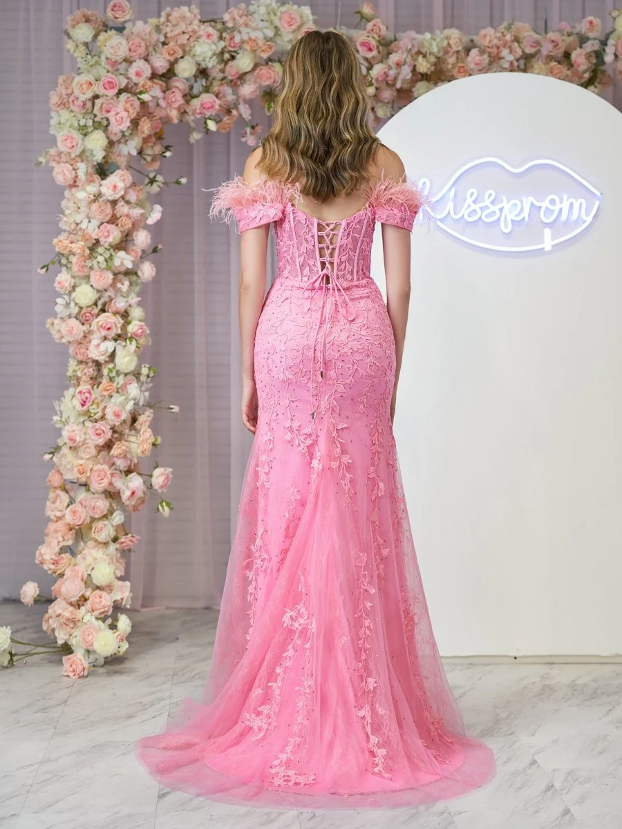 Mermaid Deep V Neck Feather Lace Long Prom Dress