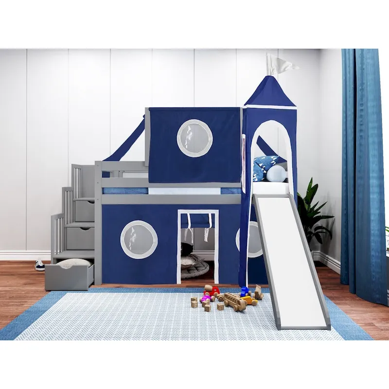 JACKPOT Prince & Princess Low Loft Twin Bed, Stairs Slide Tent & Tower