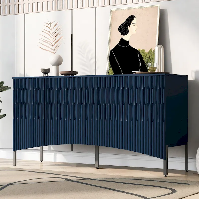 Navy Blue / Beige / Black 4-Door Curved Sideboard with Metal Legs