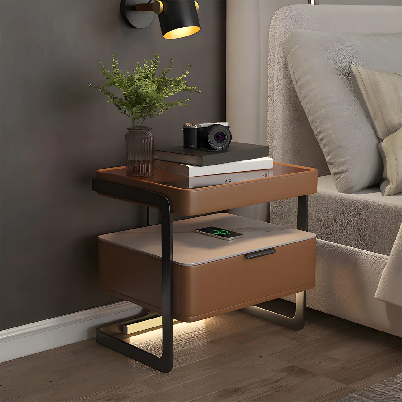 Modern Wood Nightstand with Glass Countertop and Drawer