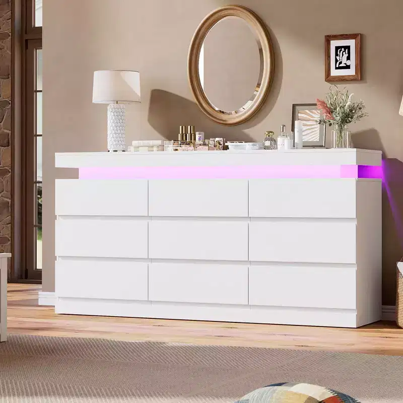 9 Drawer Dresser for Bedroom - 63 Wide Chest of Drawers with Charging Station, Large TV Stand Multi-Function Home Organizer