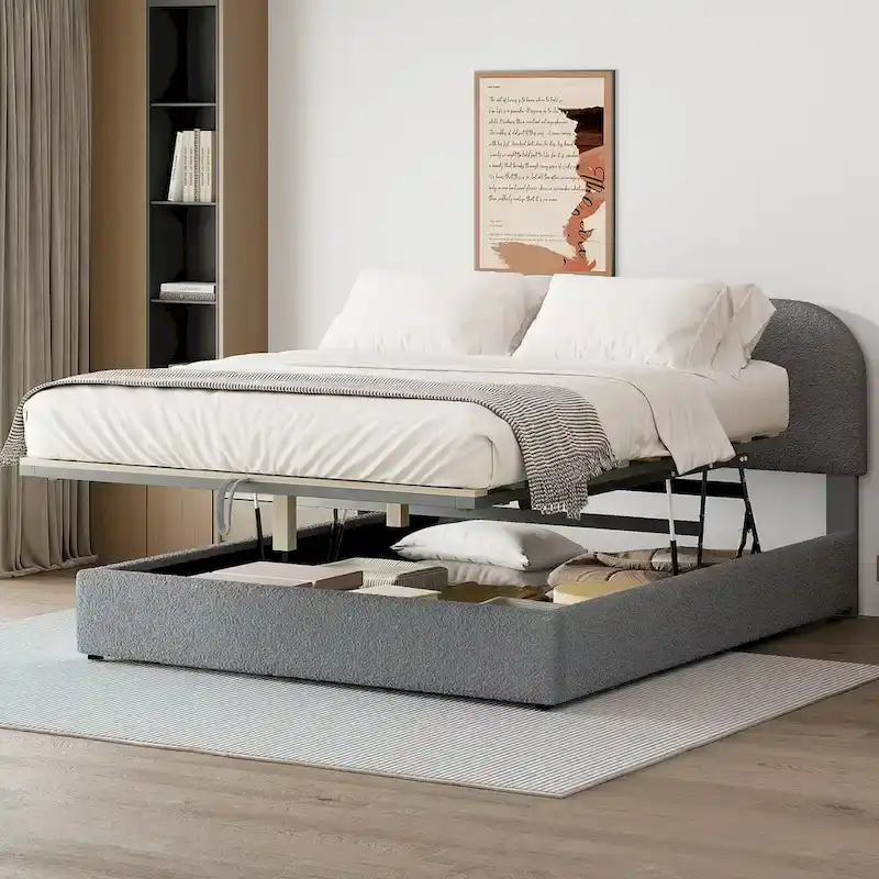 Upholstered Platform Bed, Curved Headboard, Hydraulic Storage, Teddy Fleece, Modern Style, Grey / White, 2 People