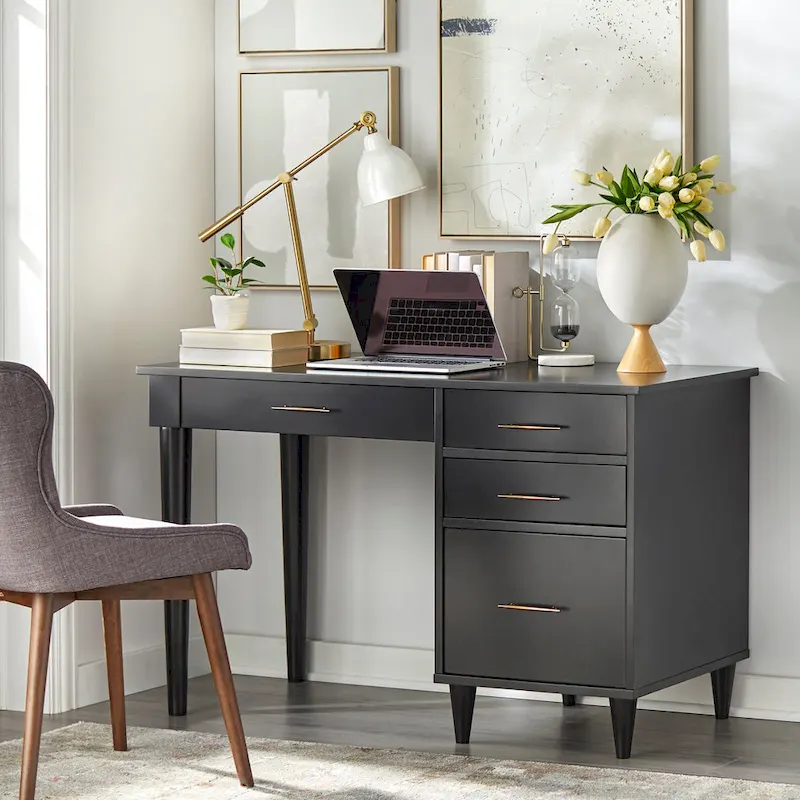Mid-Century Modern Desk with 4 Drawers & File Drawer – Black / Oak / White, Home Office Style