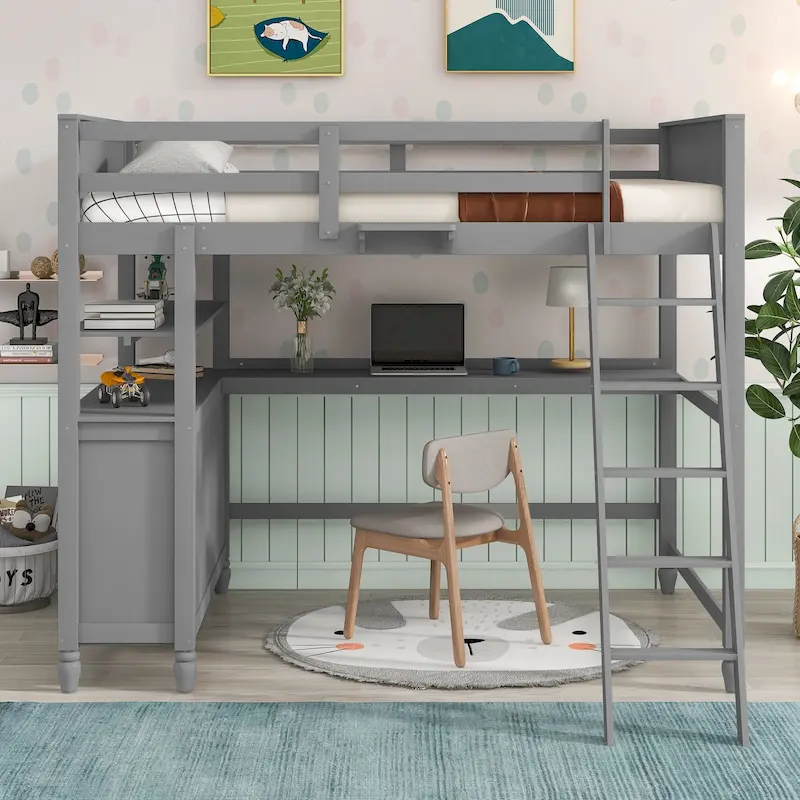 Full Size Loft Bed, Desk, Drawers & Shelves, Guardrail, 14 Slats, Plywood & Pine, Gray / White / Espresso, 1-Person Use