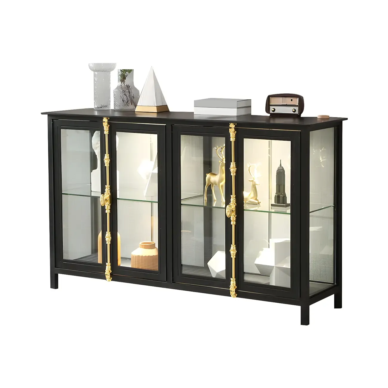 Black Metal Glass Shelves Display Cabinet with Lights
