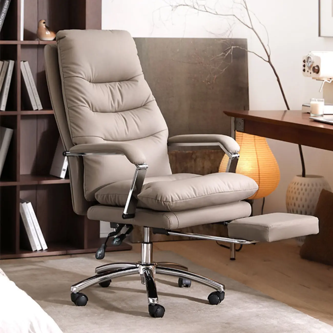Reclining Beige Leather Adjustable Swivel Office Chair