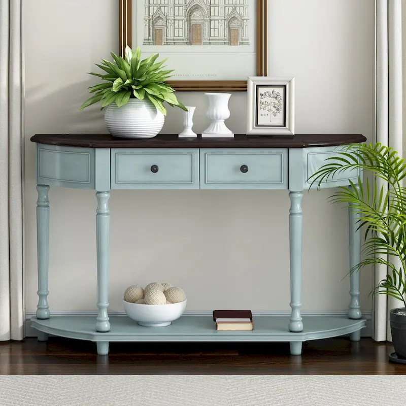Nestfair Retro Wooden Console Table with Open Shelf Two Drawers