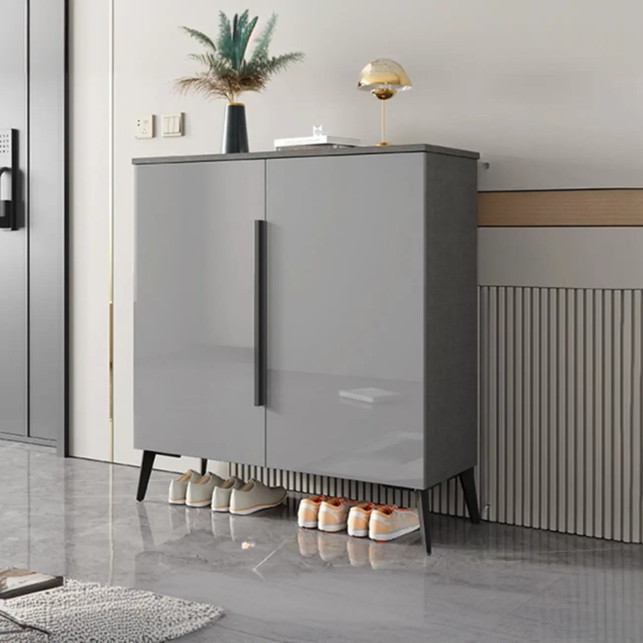 Trendy Gray-White Wooden Shoe Cabinet with Display Top