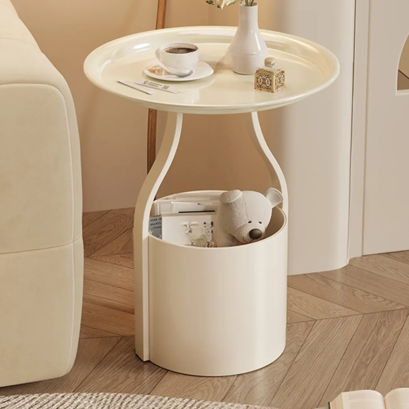 Orange Abstract Metal Round Tray Top Side Table