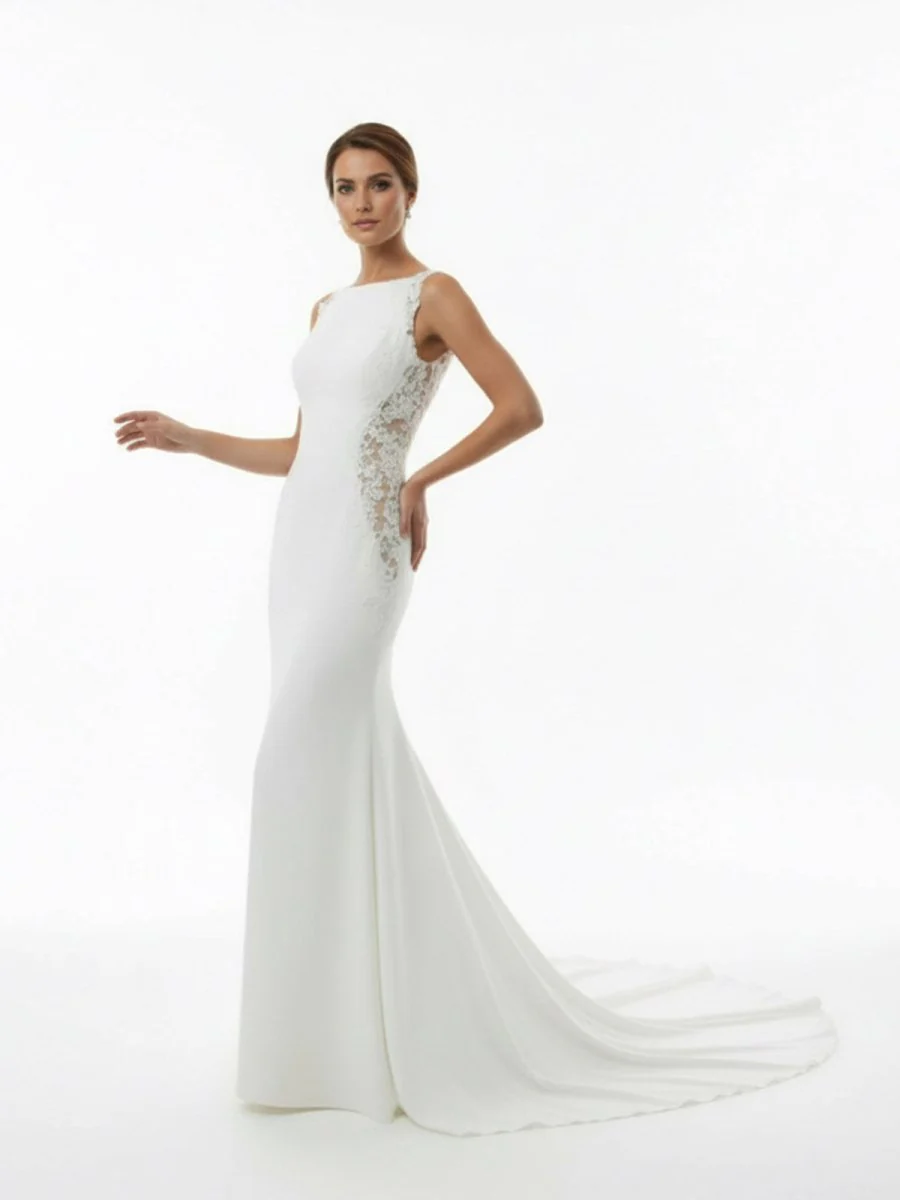 White Long Mermaid Boho Wedding Dress with Appliqued