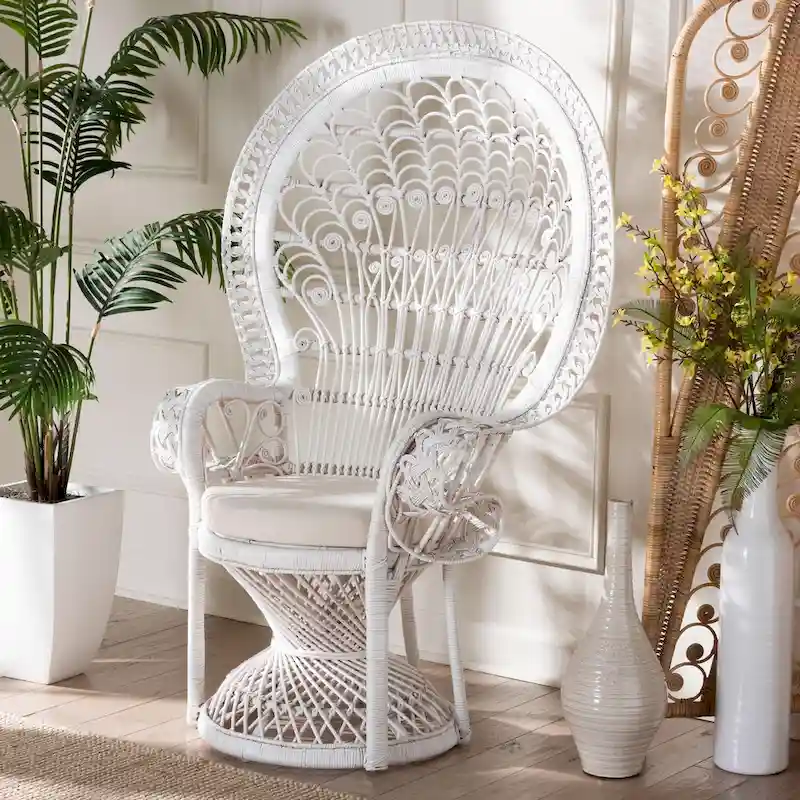 Kallima Modern Bohemian White Natural Rattan Peacock Chair