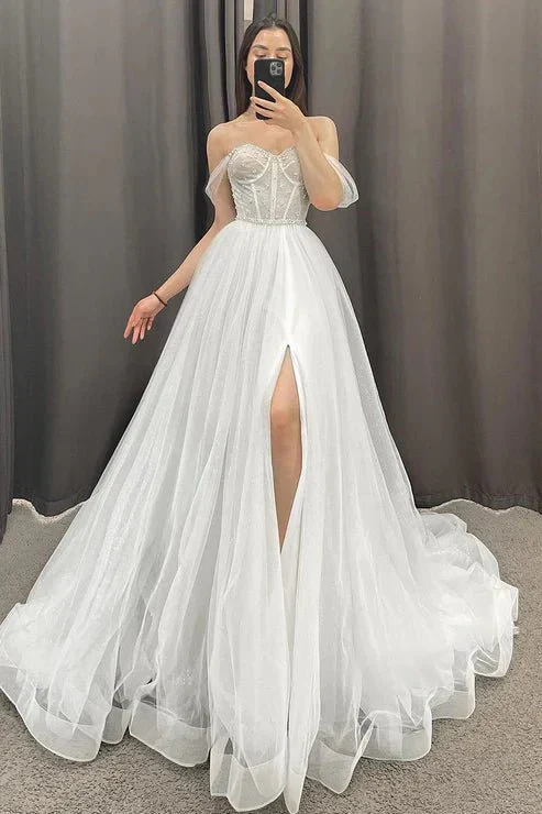 A-line Off the Shoulder Beads High Split Rustic Wedding Dress