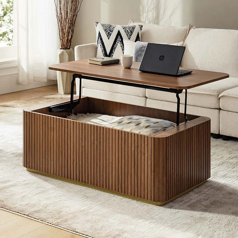 Lift-Top Coffee Table with Hidden Compartment, 2 Side Drawers & Slatted Design | Acorn / Natural | Single