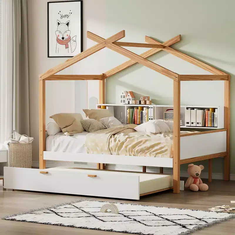 Twin/Full Size House Bed Platform Bed Kids Bed with Twin Size Trundle/2 Drawers, Bookshelf, Natural+White-ModernLuxe