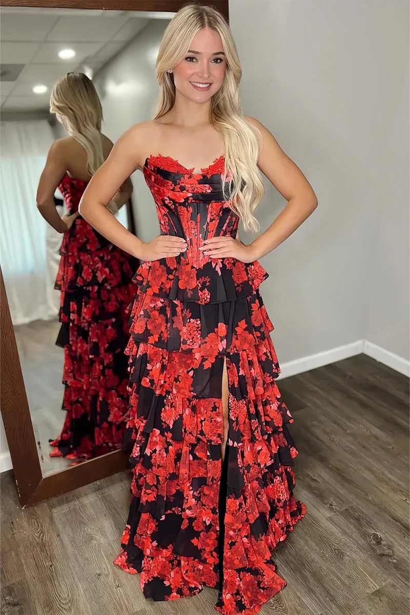 Red Strapless A Line Floral Chiffon Ruffled Prom Dresses With Slit