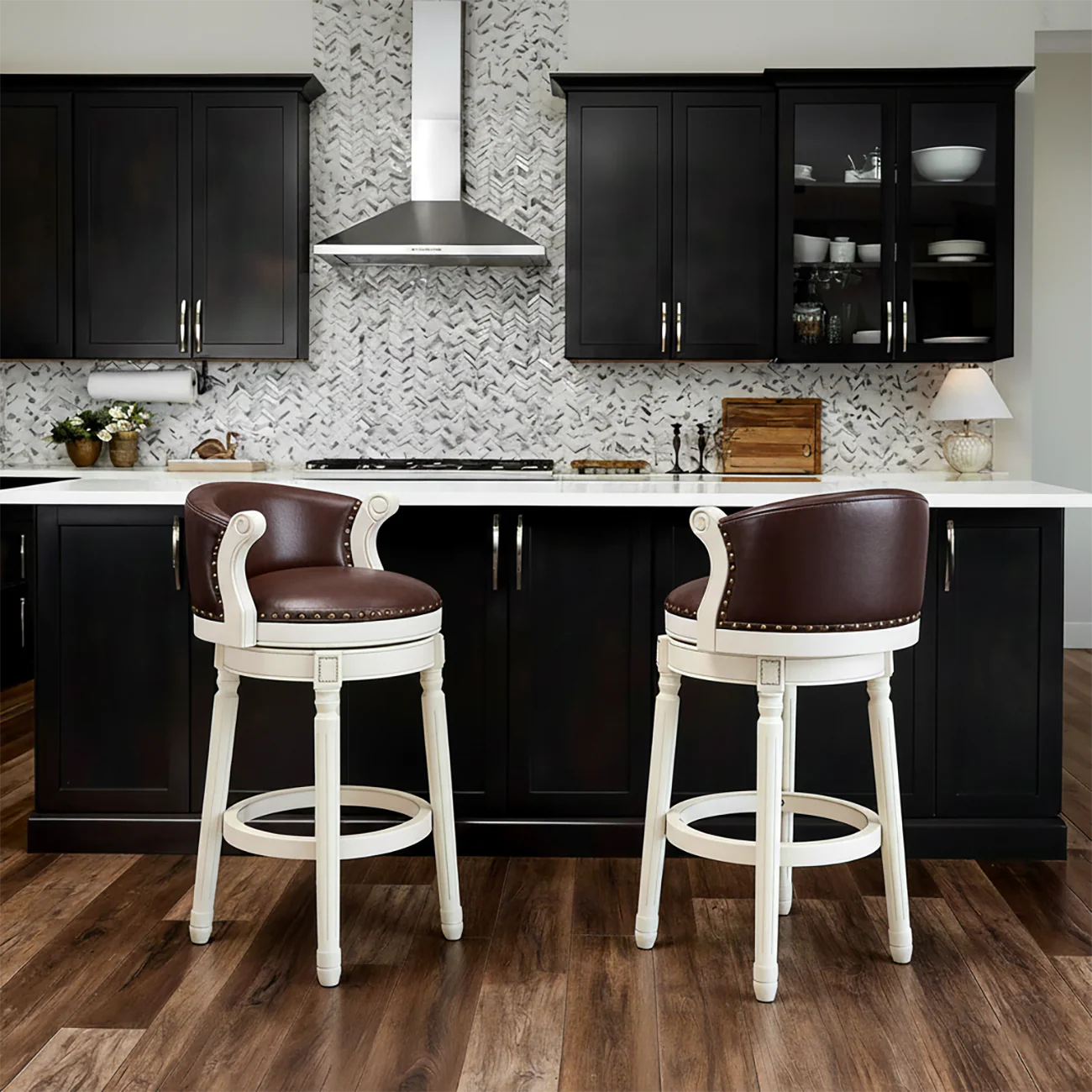 Solid Wood Leather Swivel Counter Stools with Backs