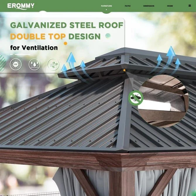 Erommy Hardtop Gazebo with Aluminum Frame and Double Roof, Permanent Outdoor Gazebo Includes Curtains&Netting for Patio Backyard