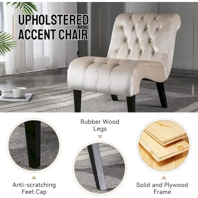 Velvet Armless Accent Chair, Button Tufted Slipper Chair, Side Chair, Lounge Chair