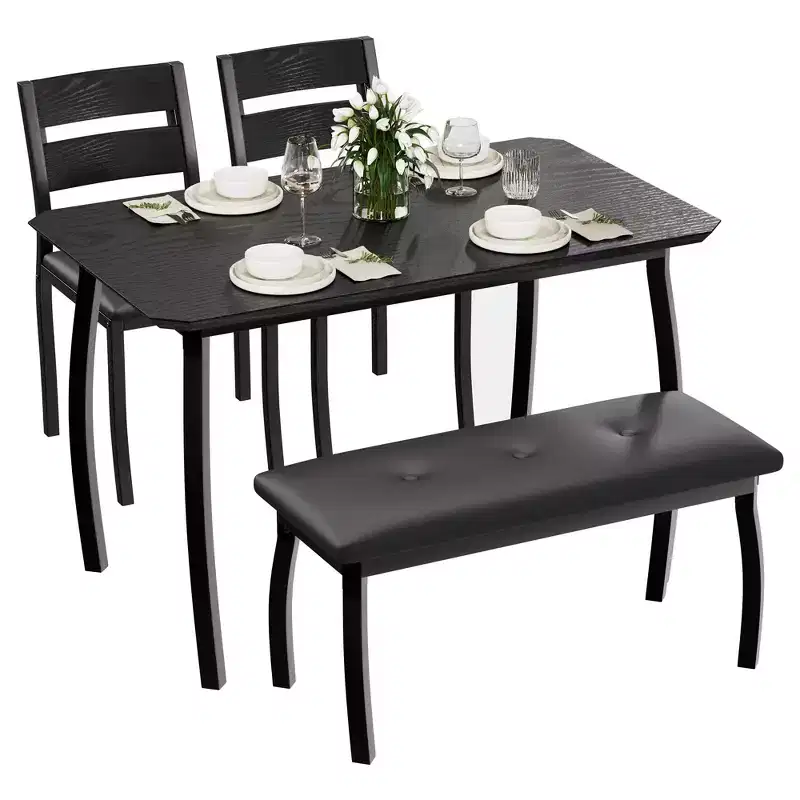 4-Piece Farmhouse Dining Set, Compact Table with 2 Benches for Kitchen Breakfast Nook, Black