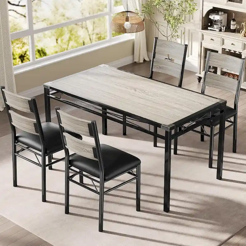 Dining Table Set, Wood Kitchen Table with Upholstered Chairs