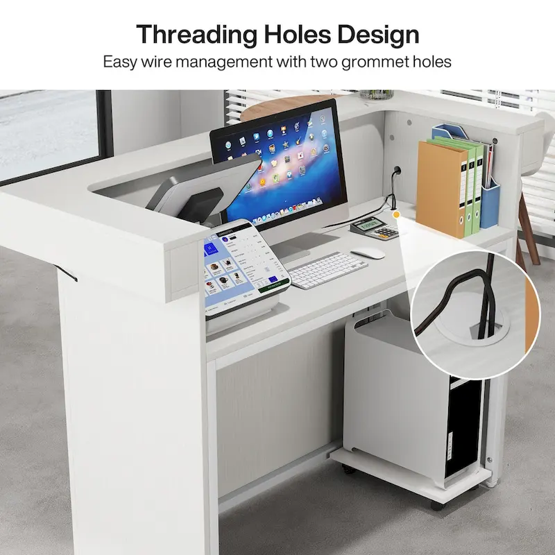 Reception Desk with Light, Modern Front Desk with 2 Grommets