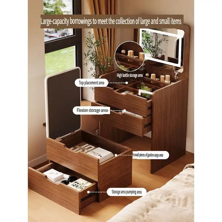 Walnut 3-in-1 Vanity Desk with Flip-Top Mirror, Single, 48cm