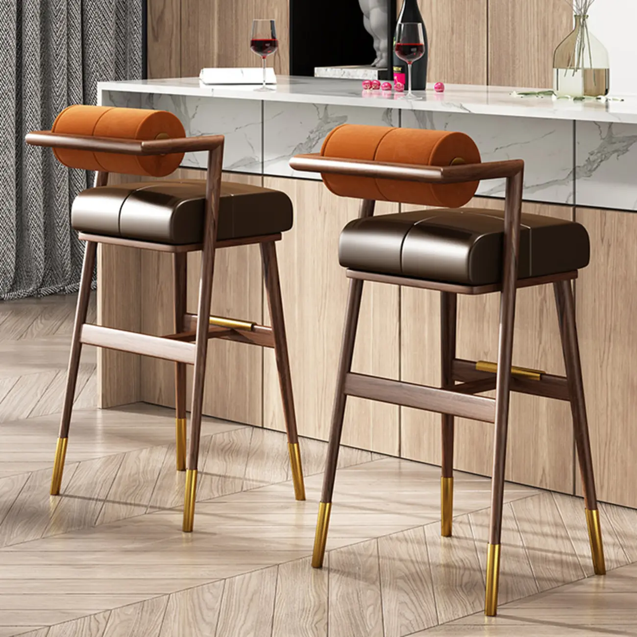 Brown Wooden Cushion Bar Stool with Backrest