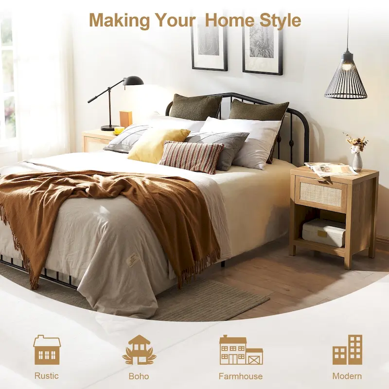 SICOTAS Farmhouse Rattan Nightstand Set of 2 with Drawer and Storage Shelf