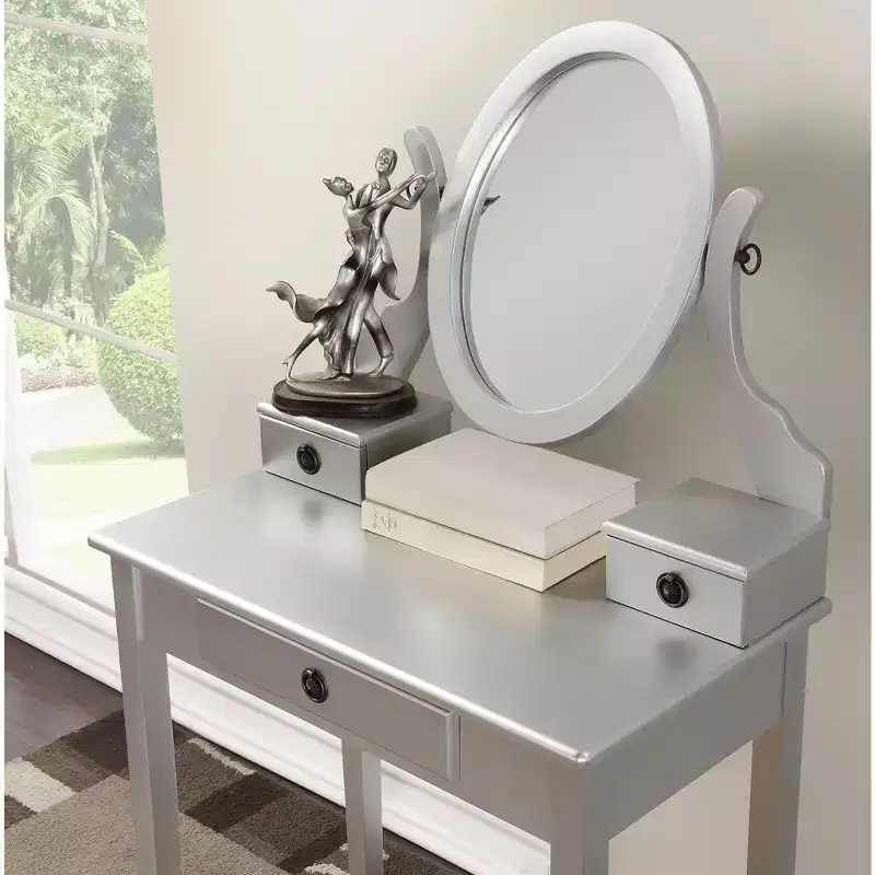 Okak Vanity Table and Chair Set, Wooden Makeup Vanity Table and Stool Set for Bedroom Living Room, with Elegant Mirror Oval Shape, Silver