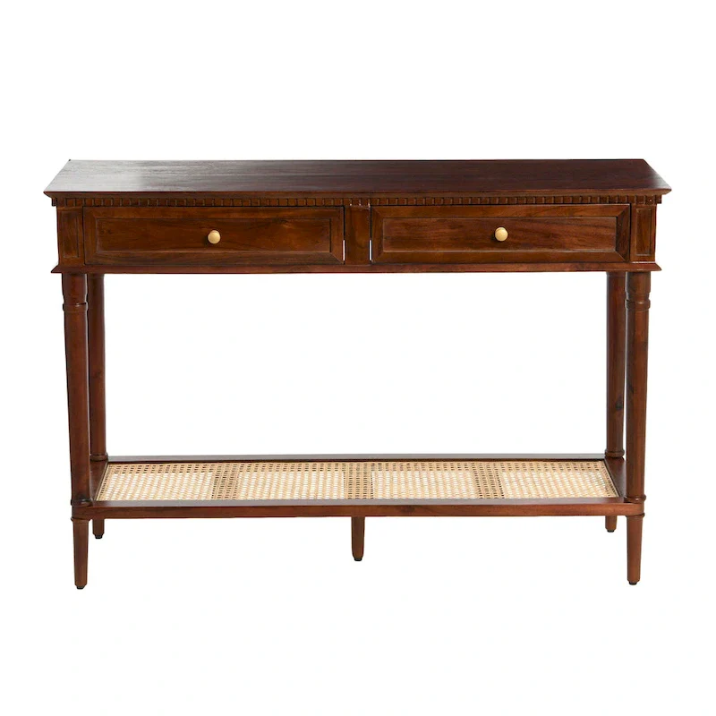 Acacia Wood Console Table with Cane Shelf