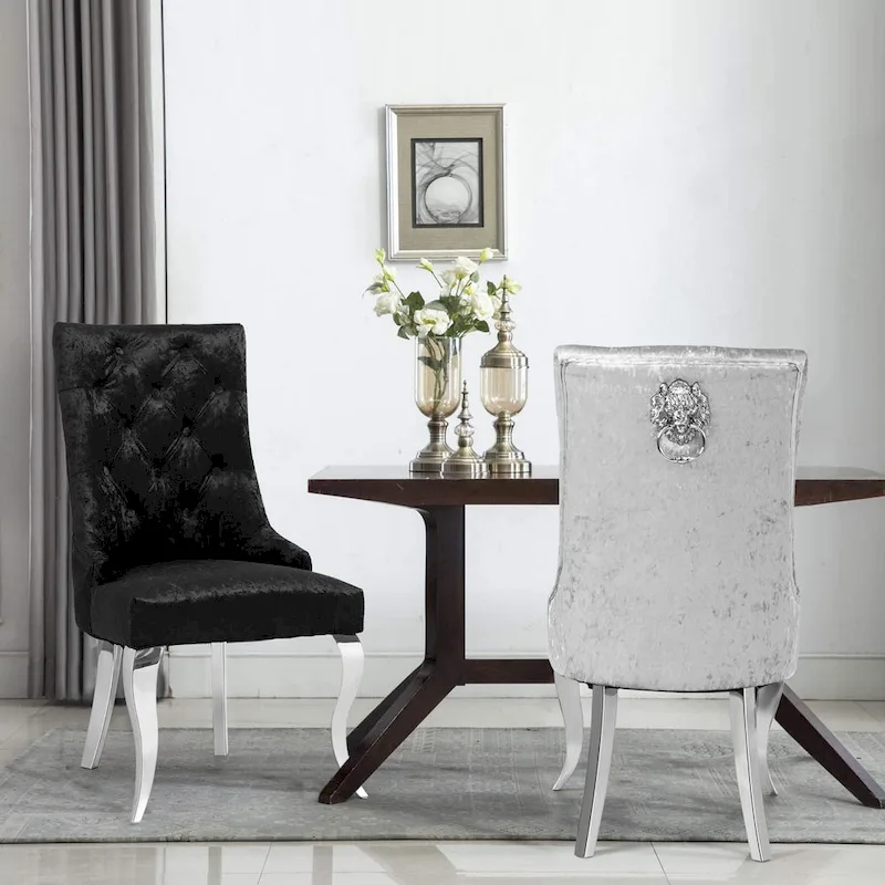 Silver Tufted Wingback Velvet Dining Chair, Lion Knocker, Single
