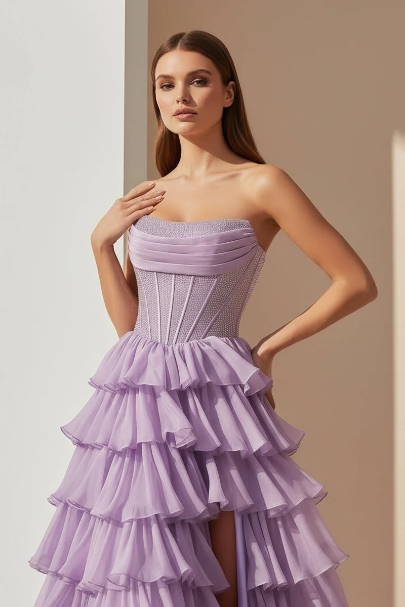 Lavender - A Line Strapless Chiffon Beaded Corset Long Prom Dress With Slit