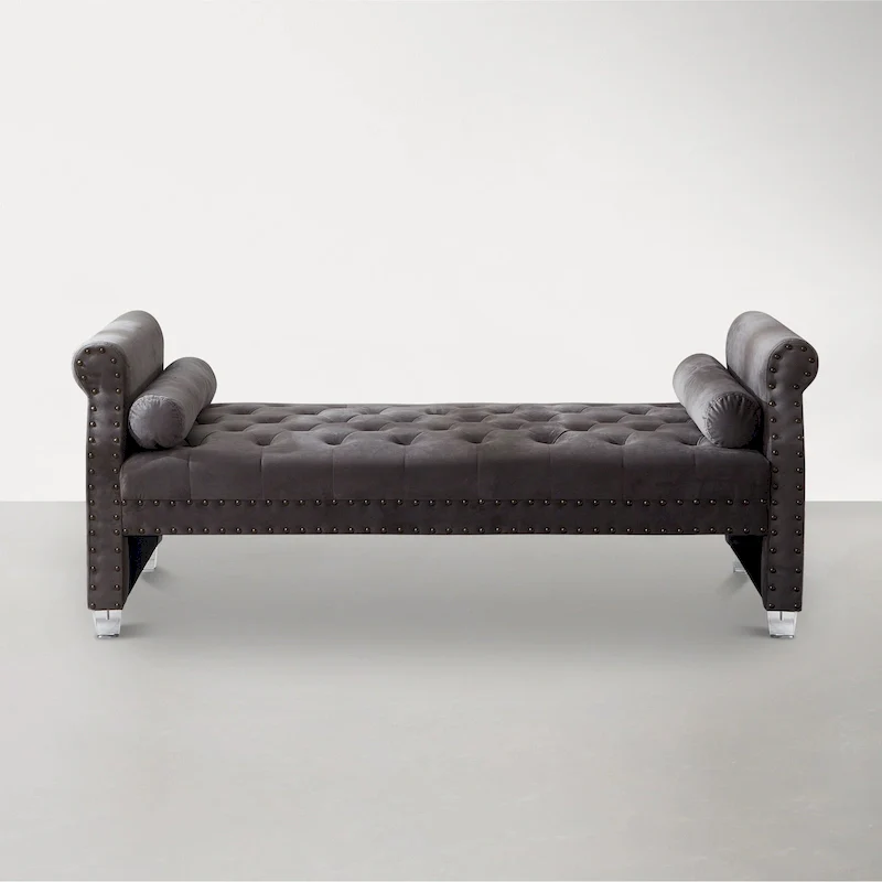 Rolled Arm Tufted Chaise Lounge – Grey / Navy Blue / Pink / Beige, 1-Seat