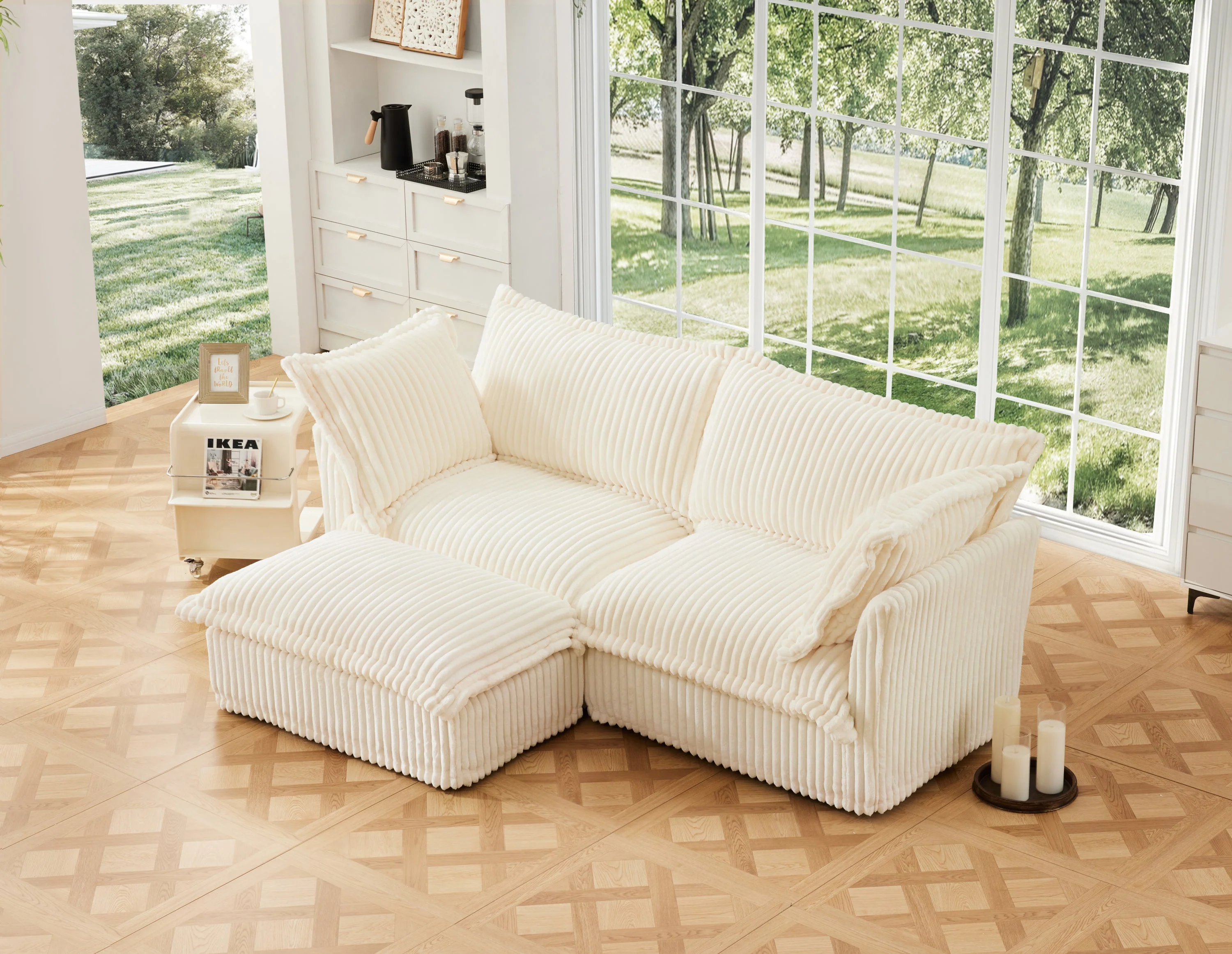 Walker Edison | Cloud Cream Corduroy Slipcovered Sectional Sofa with Ottoman