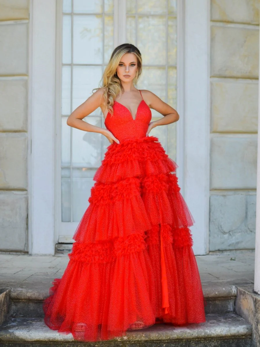 Tulle Deep V Neck Spaghetti Straps Long Prom Dress