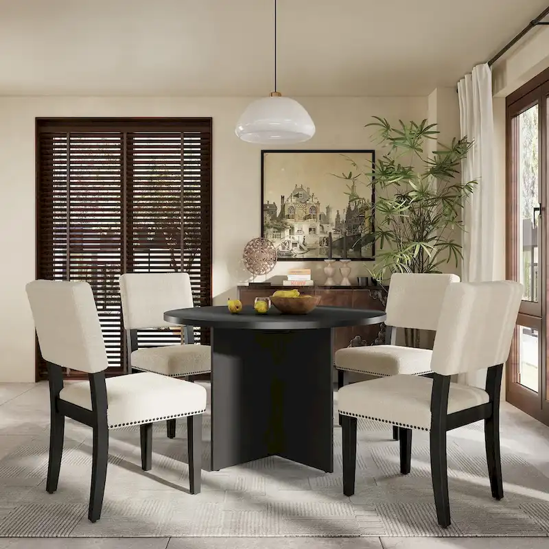 Modern 5-Piece Round Dining Table Set Pedestal Kitchen Table Set with 4 Upholstered Dining Chairs
