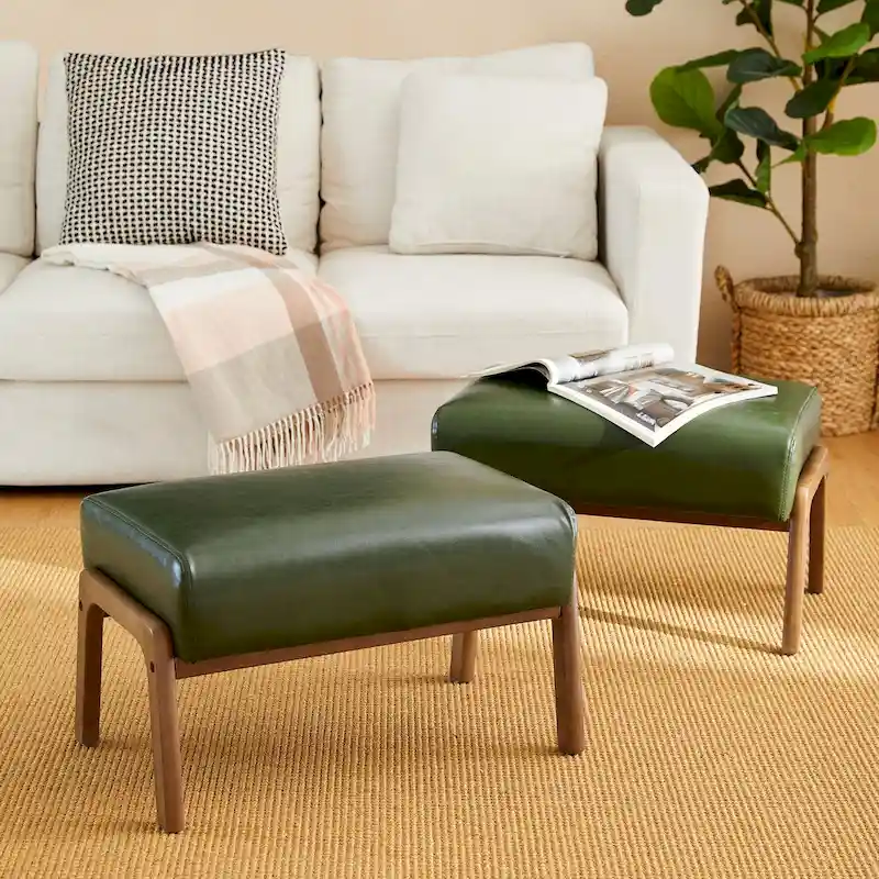 Mid-Century Faux Leather Ottoman Accent Stools, Set of 2 – Green / Camel / Brown / Blue