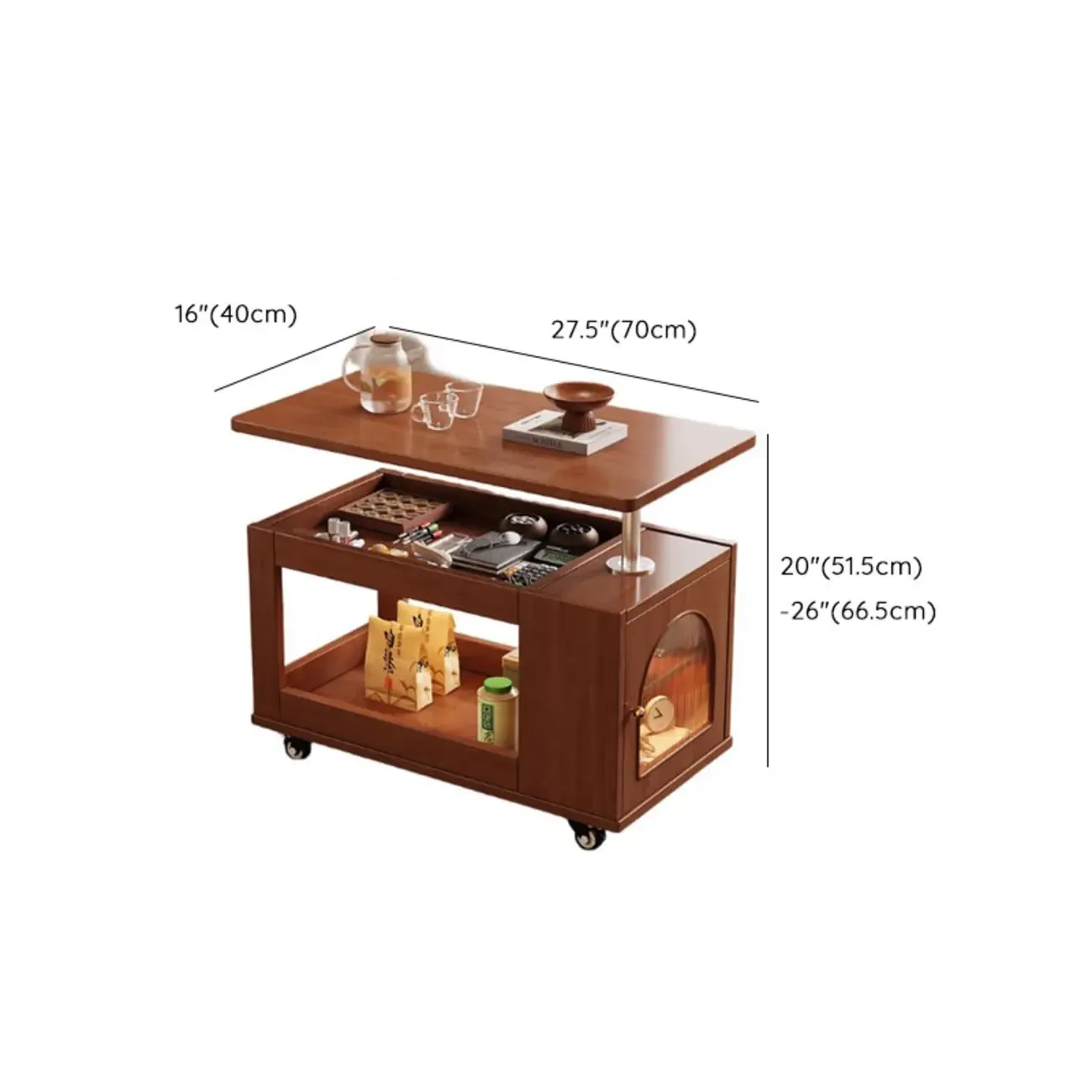 Adjustable Swivel Top Walnut Wood Wheel Side Table