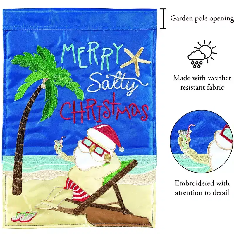 Beach Santa Blue, Red, and Tan 13 X 19 Polyester Outdoor Hanging Garden Flag