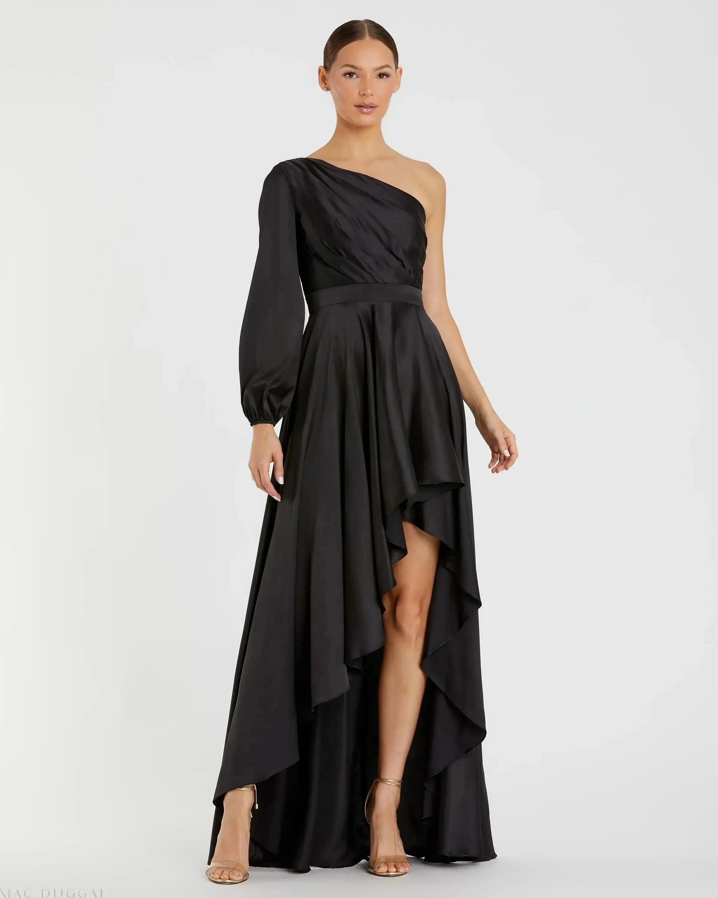 Black Long Sleeve One Shoulder Satin High Low A-line Gown - FINAL SALE