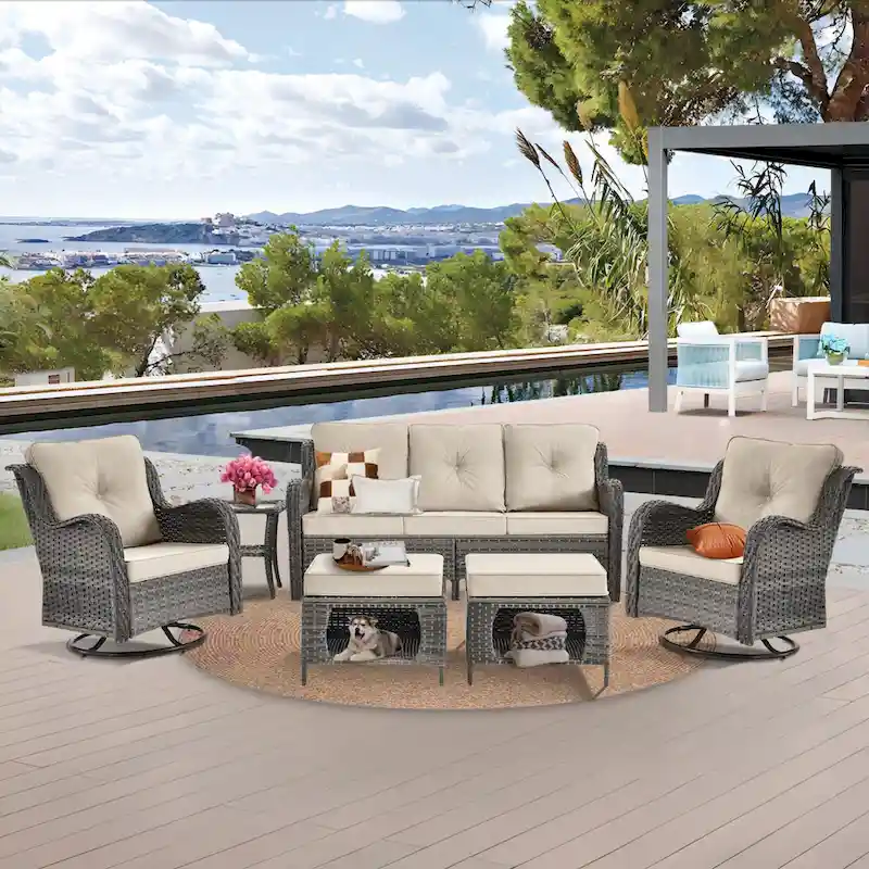 6 Piece Wicker Outdoor Patio Furniture Set Swivel Chairs Sofa Ottoman