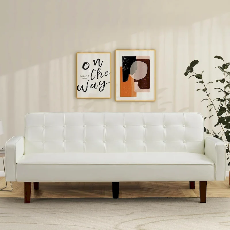 Faux Leather Futon Sofa Bed Sleeper Couch, Mid Century Button Tufted Upholstered Convertible Sofa Bed with Wooden Legs