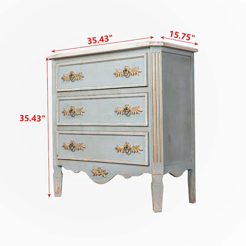 Blue Distressed Solid Wood 2-Drawer Accent Cabinet with Cream Top & Gold Handles