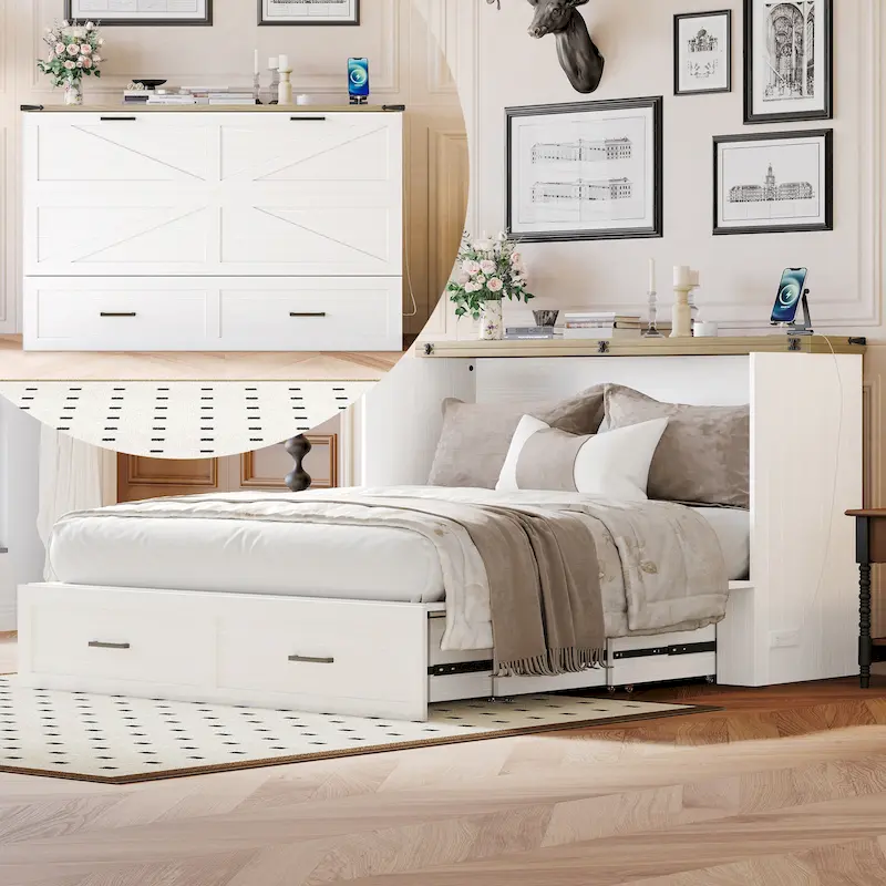 Farmhouse Murphy Bed Wall Bed with a Large Drawer, Full/Queen Size Foldable Murphy Cabinet Bed with Charging Station