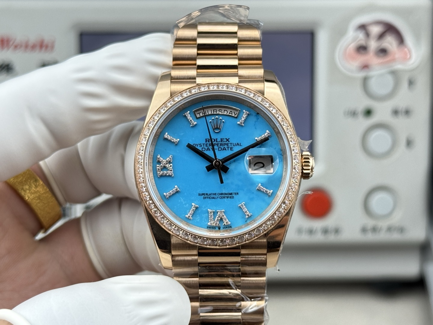 rolex day date replica with blue dial and diamond bezel