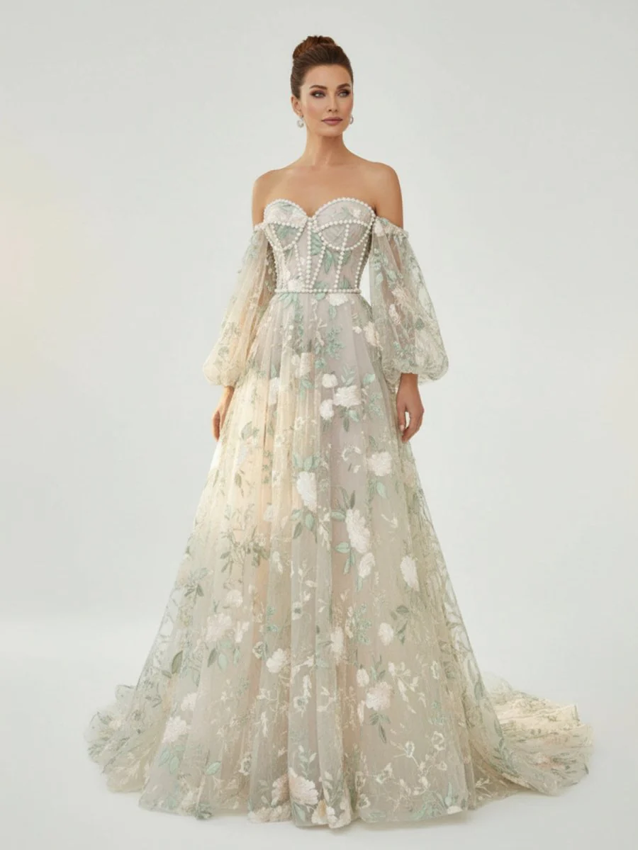 A-Line Light Green Sweetheart Pearl Wedding Dress