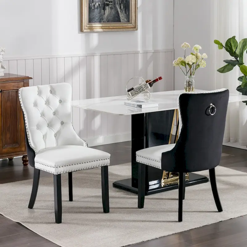 Set of 2 PU and Velvet Upholstered Dining Chairs with Nailhead Trim and Wooden Legs