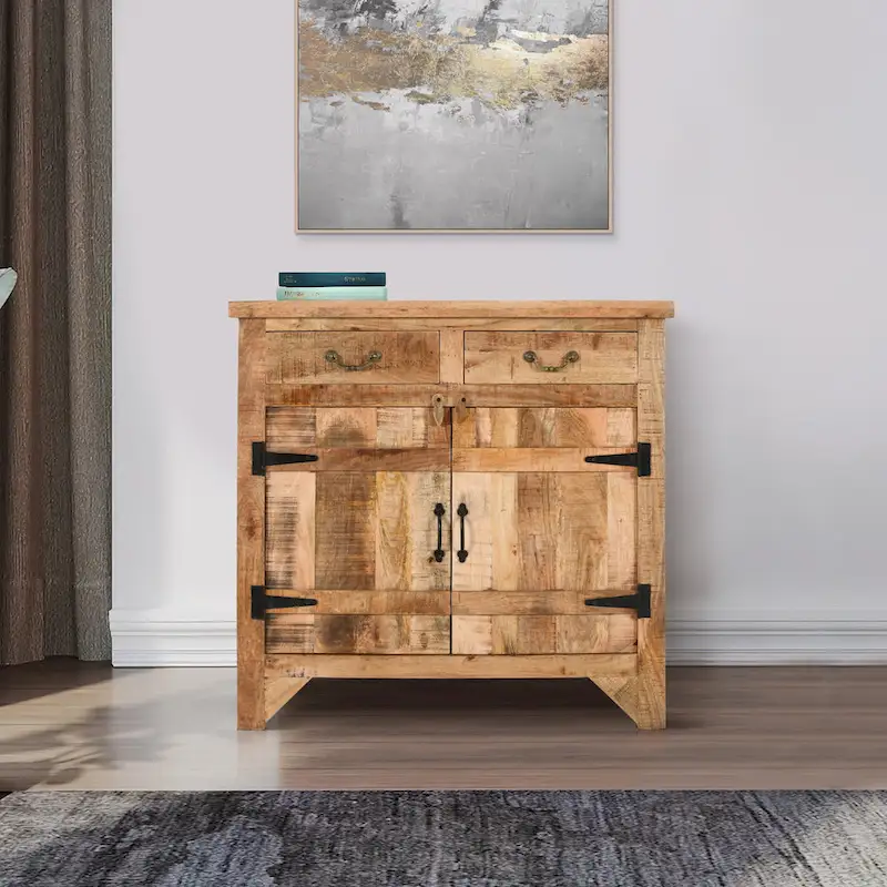 Rustic Brown Mango Wood 2-Drawer 2-Door Storage Cabinet Console – Single