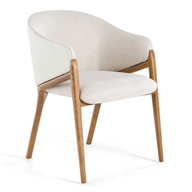 Cream Fabric & Vegan Leather Walnut Dining Arm Chair, Single