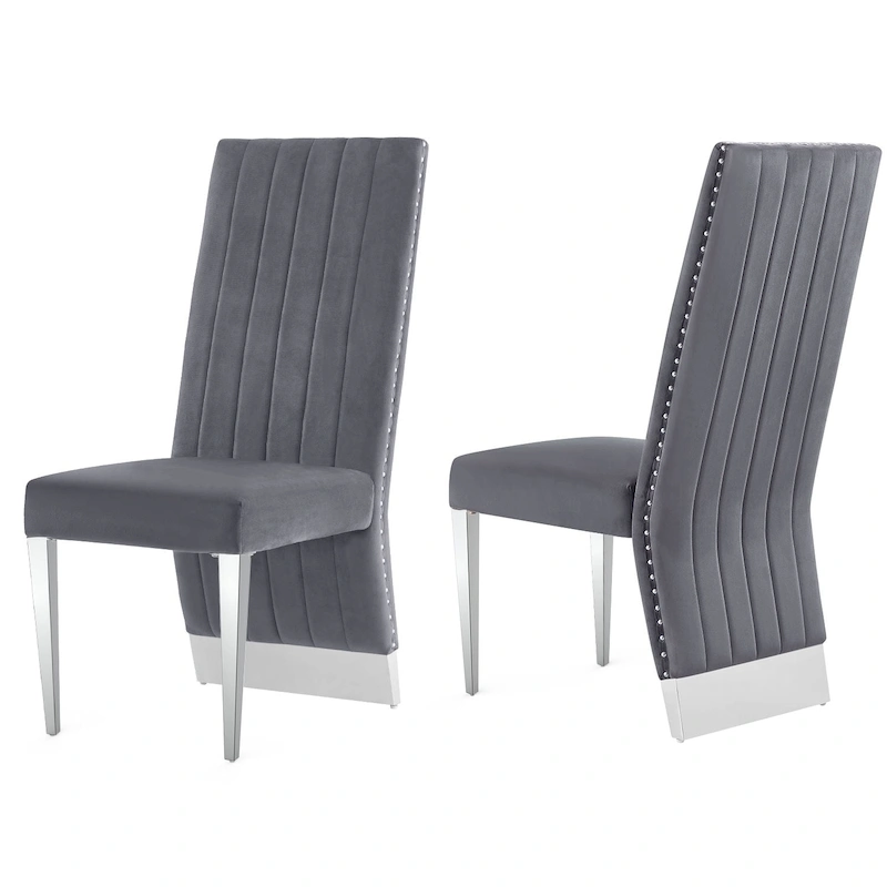 Modern Channel High Back Dining Chairs with Nailhead Trims and Polished Metal Legs